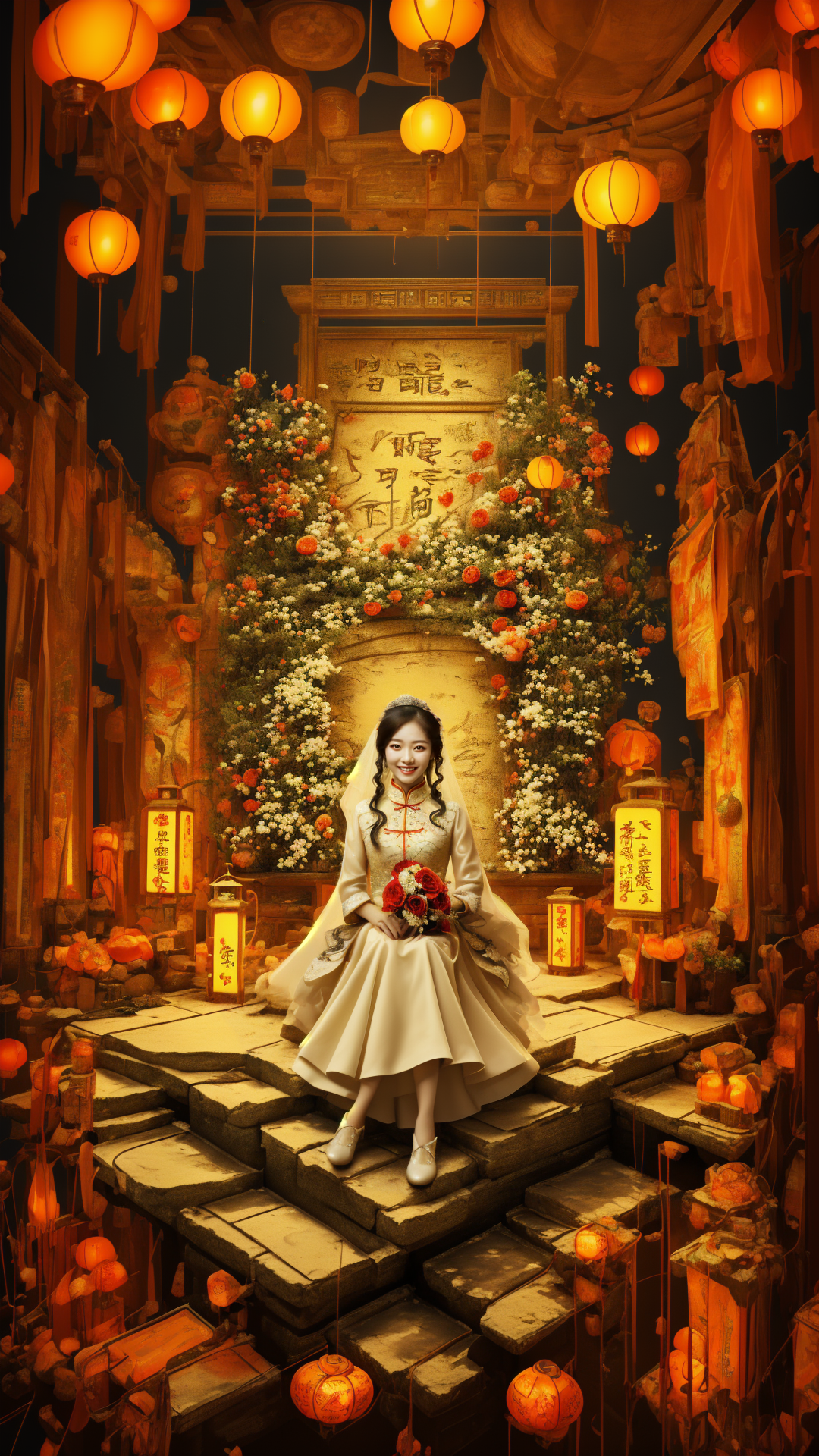 00272-4050297485-masterpiece, best quality,highres, 1girl,  red chineses wedding, black background, sitting on the ground, look at viewer, smile,.png